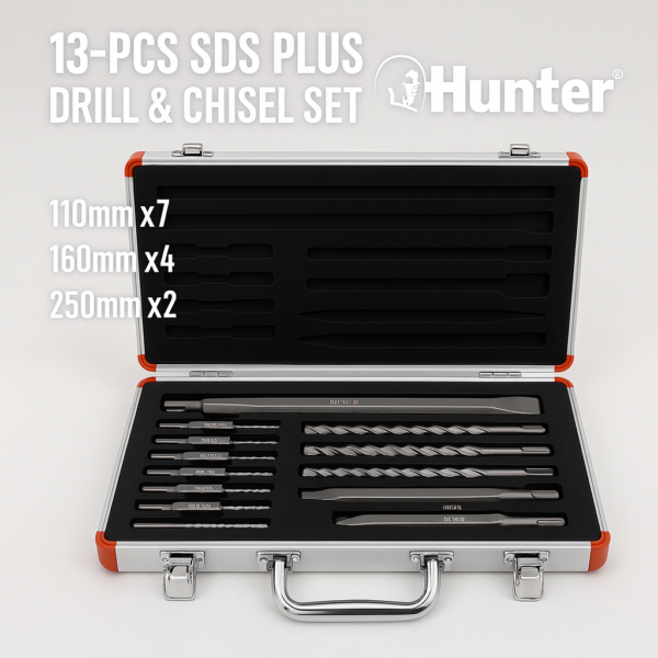 סט מקדחי SDS ואיזמלים Hunter במזוודת אלומיניום - 13 יח'