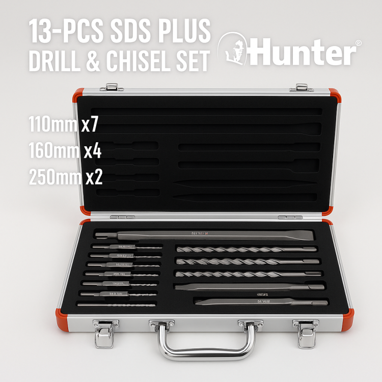 סט מקדחי SDS ואיזמלים Hunter – מזוודה פתוחה עם 13 חלקים
