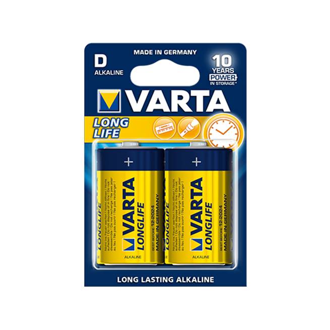 סוללות D של VARTA – זוג סוללות אלקליין עוצמתיות, מתאימות לפנסים, רמקולים ומכשירים עתירי אנרגיה